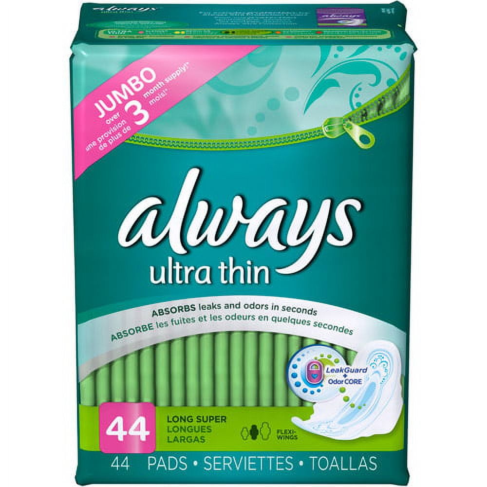 Always Ultra Thin Pads with Wings, Long, Super, 44 Count
