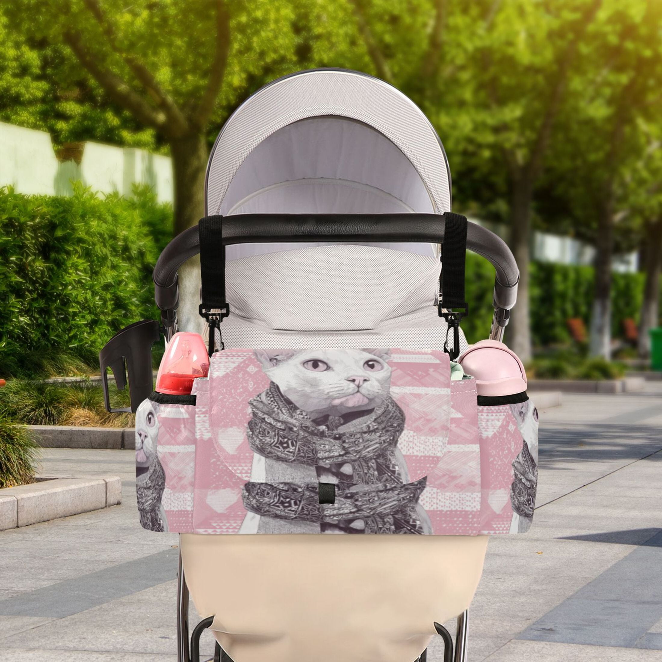 DIXRUYEE Stroller Organizer Scarfed White Cat Printed