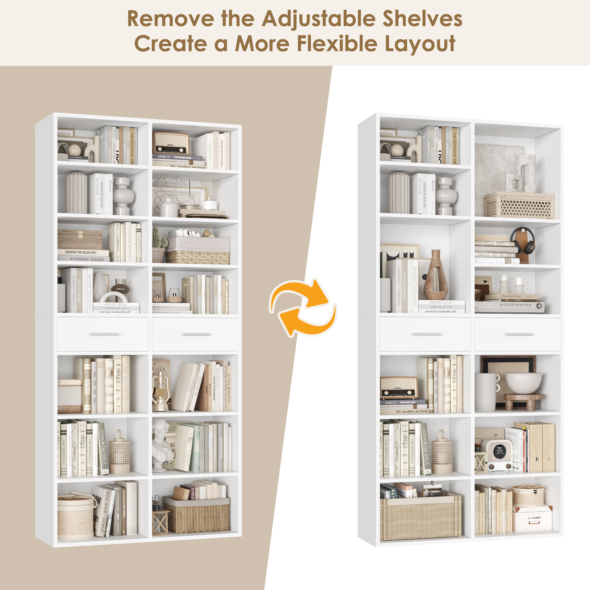 Homfa 7-Tier Bookcase with 2 Drawers, 72.8" H Double Wide Bookcase with 4 Adjustable Shelves for Study Office Living Room, White