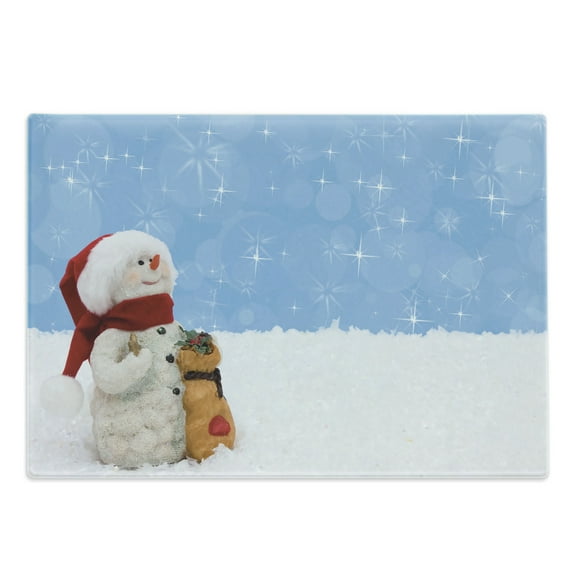 Snowman Cutting Board, Winter Time Theme Snowman with Christmas Hat Scarf and Present Happy Holiday, Decorative Tempered Glass Cutting and Serving Board, Large Size, Multicolor, by Ambesonne