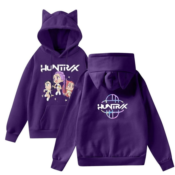 pop Huntrix Print Cat Ears Hoodie with De-mon Sweatshirt HUNTRX Movie Fashion Streetwear Long Sleeve Print Soft Sweatshirt S