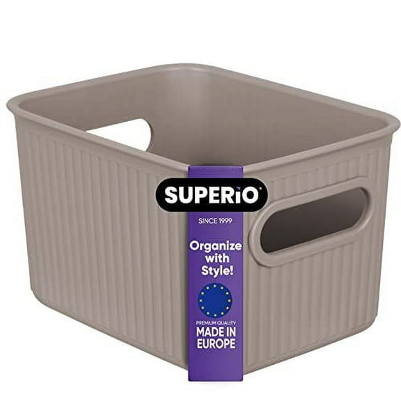 Superio Ribbed Plastic Storage Basket Organizer, Taupe Stackable Closet Storage bin for Shelf, Pantry, Office, and Cosmetics