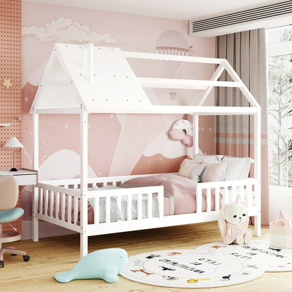 Twin Size Wooden House Bed with Safety Fence for Kids, Playhouse Design with Roof, White Children's Bedroom Furniture for Boys and Girls