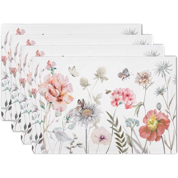Watercolor Floral Placemats Set of 4 Spring Flower Placemats Farmhouse Vintage Place Mats Washable Linen Placemats for Party Kitchen Dining Picnic Decorations 12 X 18 Inch