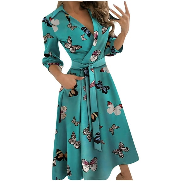 JINMGG Womens Plus Size Clearance $5 Women's Casual Loose Bandage Half Sleeve Printed V-Neck Ankle-Length Dress Blue XXL