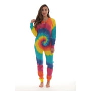 #followme Women's Thermal Henley Bodysuit - Cozy and Comfortable Winter Sleepwear and Loungewear Union Suit (Tie Dye Bright, Large)