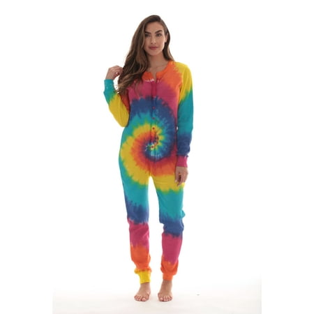 #followme Women's Thermal Henley Bodysuit - Cozy and Comfortable Winter Sleepwear and Loungewear Union Suit (Tie Dye Bright, Large)