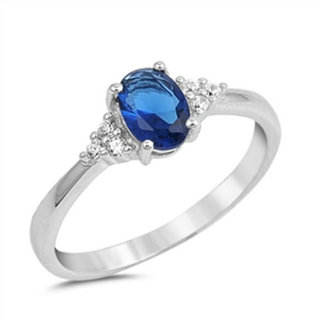 Oval Blue Simulated Sapphire Wedding Ring ( Sizes 4 5 6 7 8 9 10 ) New .925 Sterling Silver Band Rings by Sac Silver (Size 6)