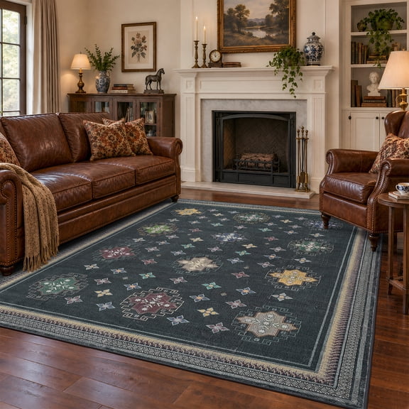 TURCURNO Washable 5x7 Area Rugs for Living Room,Traditional Geometric Star Medallions Rug,Distressed Low Pile Non-Slip Carpets for Bedroom Dining Room,Black