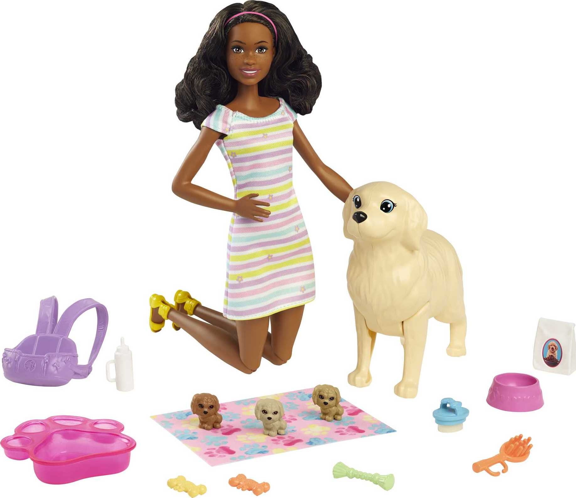 Barbie Doll Newborn Pups Playset with Brunette Doll, Mommy Dog, 3 Puppies, Kids Toys