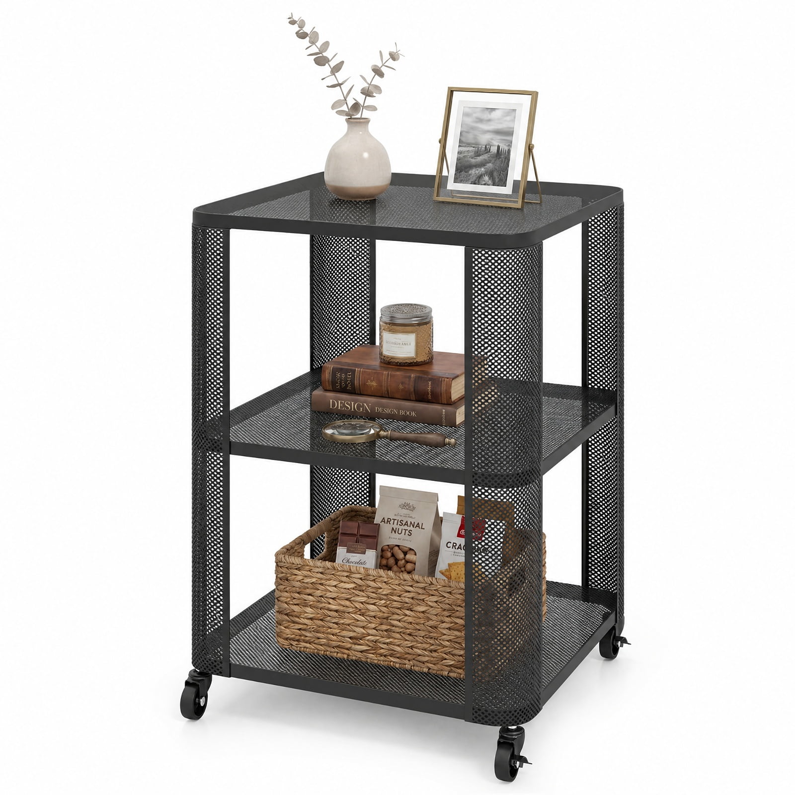 Furnibear 3 Tier Rolling End Table with Locking Casters and Metal Mesh Storage Shelves for Living Room Bedroom Apartment and Dorm, Black