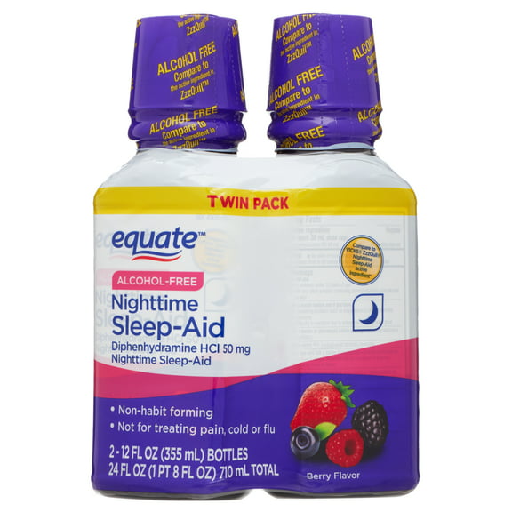 Equate Alcohol-Free Diphenhydramine Nighttime Sleep Aid, Berry Flavor, 50 mg, Twin Pack