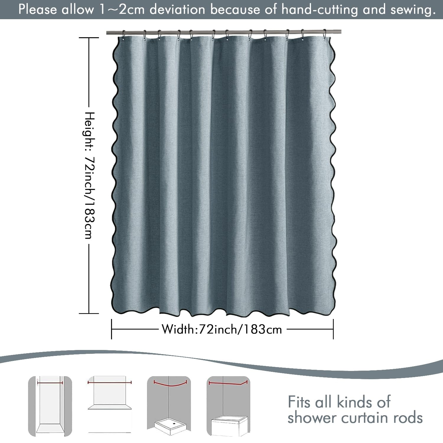 qtess A84" Long Scalloped Shower Curtain Linen Textured with 12 Metal Hooks Cute Extra Long Heavy Duty Washable Waterproof Cloth Shower Curtains with Black Border for Bathroom Hotel Bathtub,Khaki