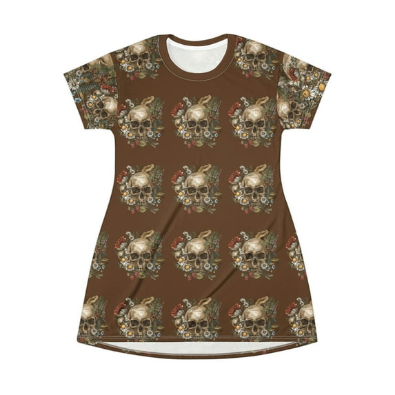 Pretty Brown Skull All Over Print T-Shirt Dress