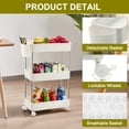 thumbnail image 3 of VECELO 3-Tier Rolling Utility Cart with Lockable Caster Wheels, Extra Hanging Cups and Hooks, Storage Shelves Organizer Cart for Living Room Bathroom Kitchen Office, White, 3 of 10