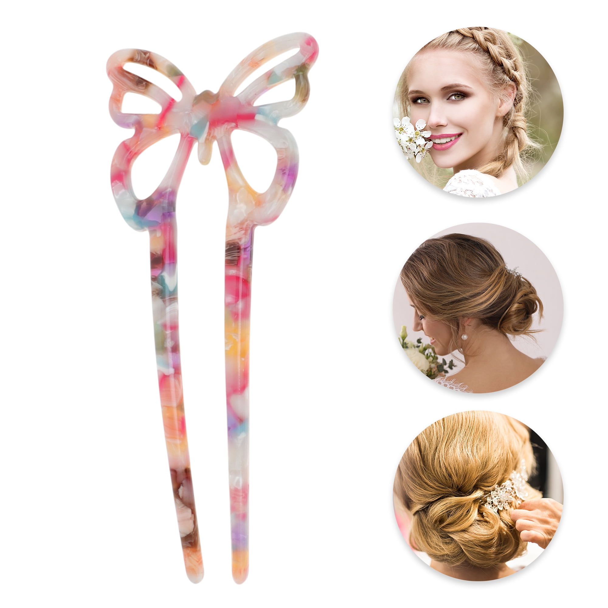 Unique Bargains Butterfly Hair Stick Fork Pins for Women 1 Pc Colorful Pink