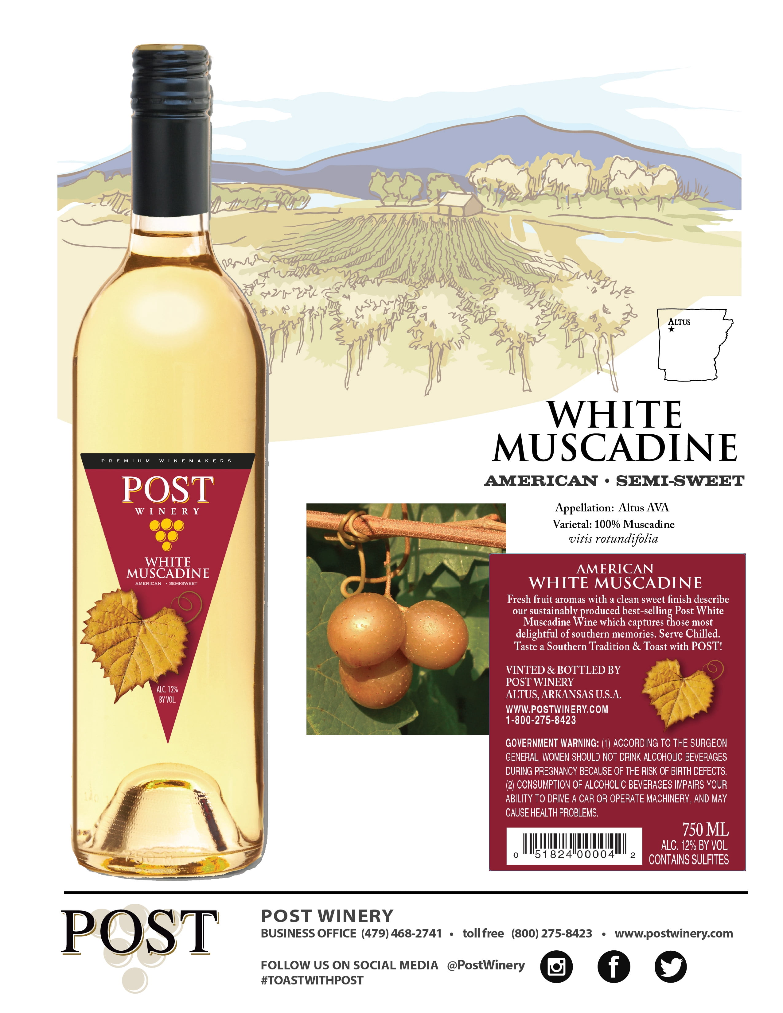 Post Winery White Muscadine White Wine, Arkansas, 1.5 L Glass Bottle