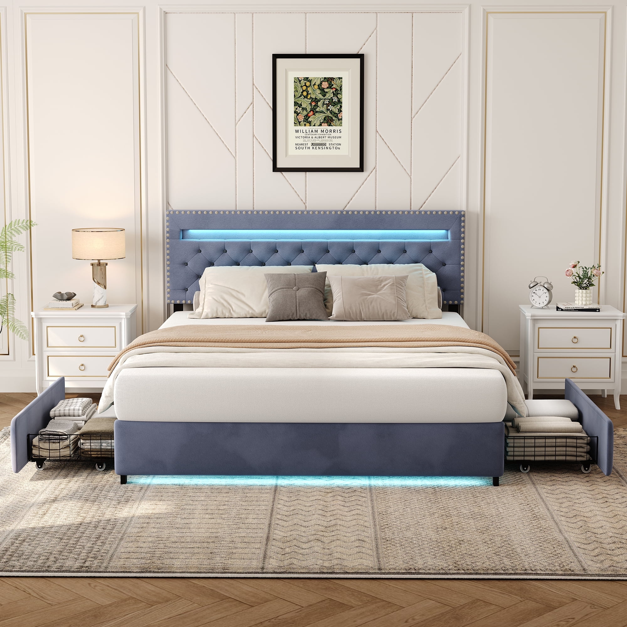 Homfa Full Bed Frame, Square Tufted Linen Upholstered Platform Bed