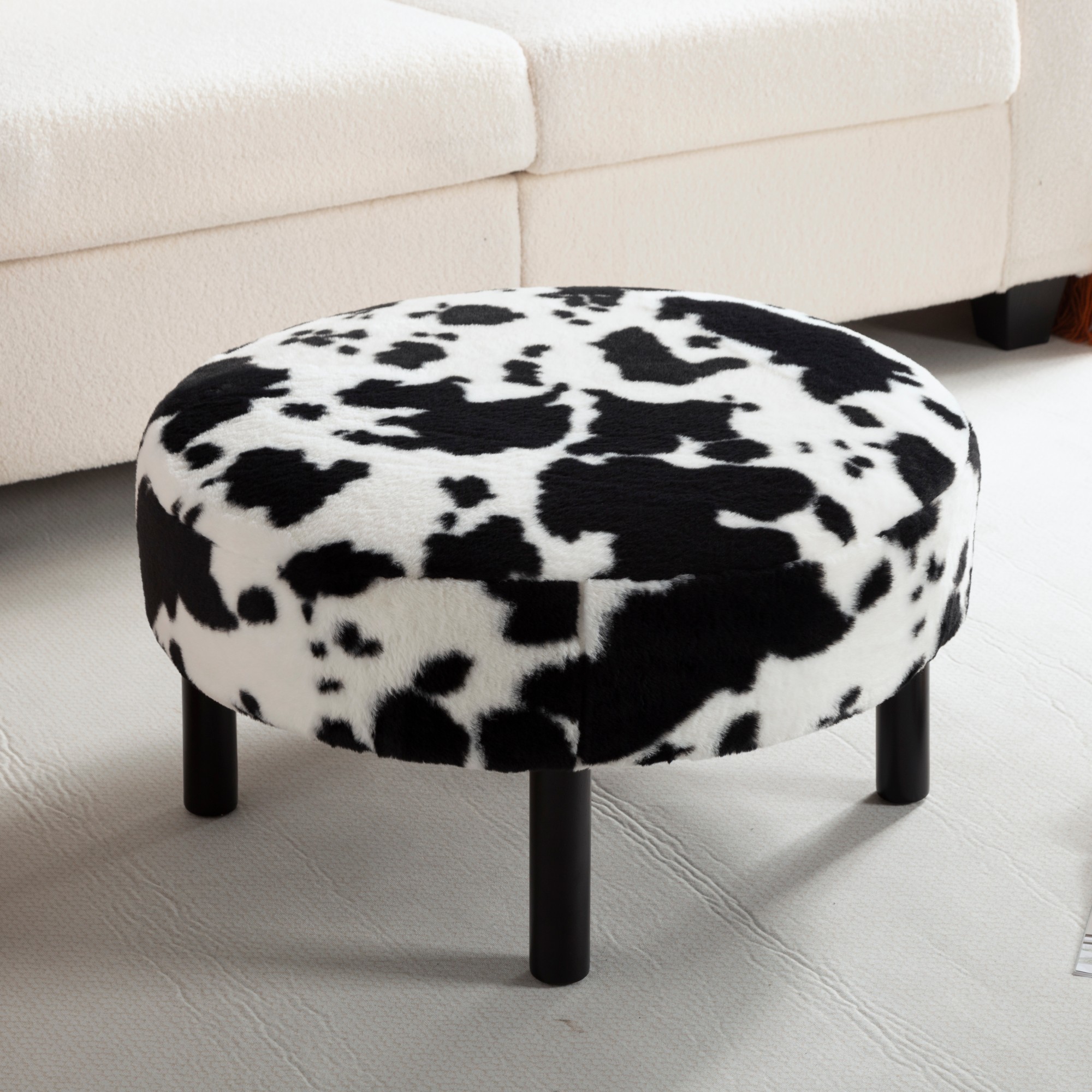 Gewnee 27.56”Round Ottoman,Faux Rabbit Fur Cushioned Stool,Solid Wood Legs,Home Office Multi-Functional Leisure Ottoman.(Cow Color)