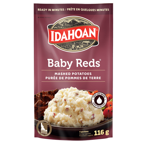 Idahoan Baby Reds Puree Préparez une délicieuse et riche purée de pommes de terre en quelques minutes avec les pommes de terre Idahoan Baby Reds !