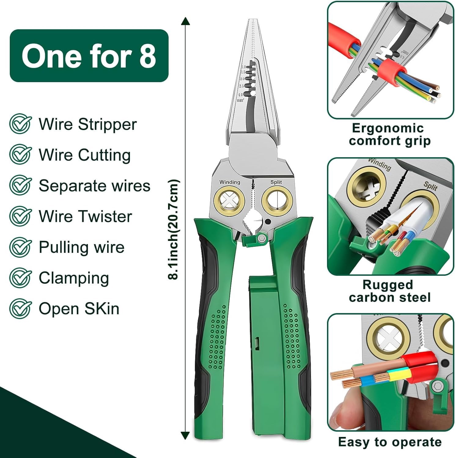 Pro 8-in-1 Wire Stripper/ with  Tester & Dual Alarms - Heavy Duty 12-250V  Electrical Tester for Hot/Neutral Wires - Electrician, HVAC,  Repair Tool (Green)