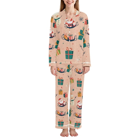 FORMRS Womens Pajama Set Long Sleeve Top and Pants with Pockets Soft Comfy Lounge Sleepwear, Sizes S-2XL, Beige Christmas Snowman