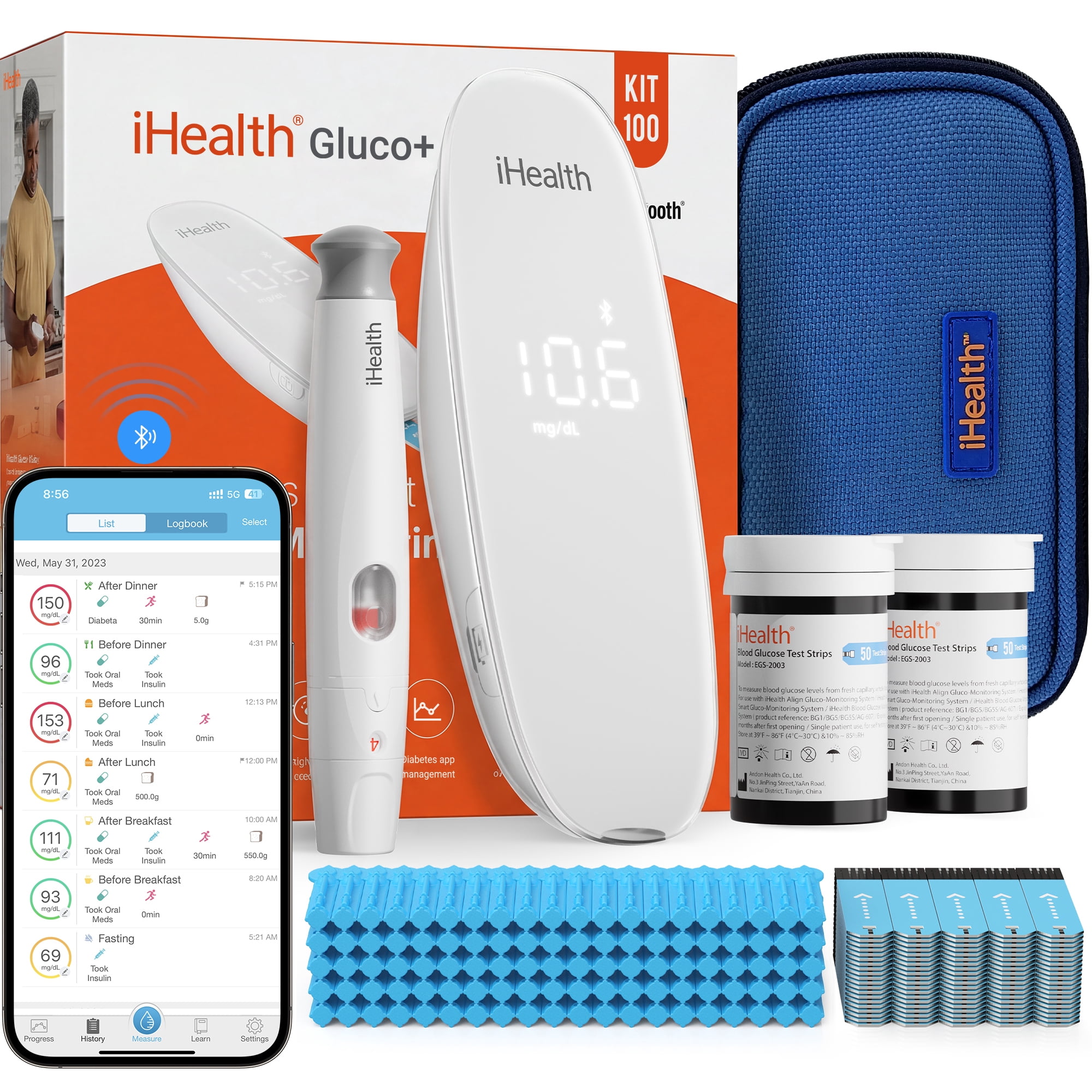 iHealth Gluco+ Wireless Smart Blood Glucose Monitor Kit, Bluetooth Blood Sugar Meter with 100 Test Strips, 100 Lancets and Lancing Device