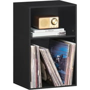 2 Cube Bookshelf, Black Record Player Stand with Vinyl Storage Up to 100 Albums, Horizontal Book Shelf, Small Cubby Bookcase with Storage Organizer, Turntable Stand for Living Room, Bedroom