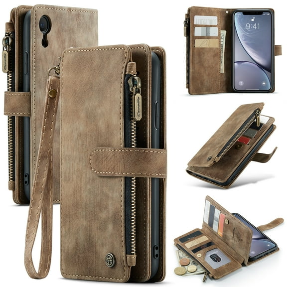 for iPhone XR Case Wallet for Women and Men, iPhone XR Case, PU Leather Magnetic Flip Strap Wristlet Zipper Card Holder Wallet Business Phone Cover for iPhone XR, Brown