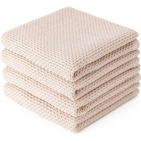 KKFEN-4-Pack Dish Towels 100% Cotton Waffle Weave Ultra Soft Absorbent Quick Drying Beige 13x28 Inches