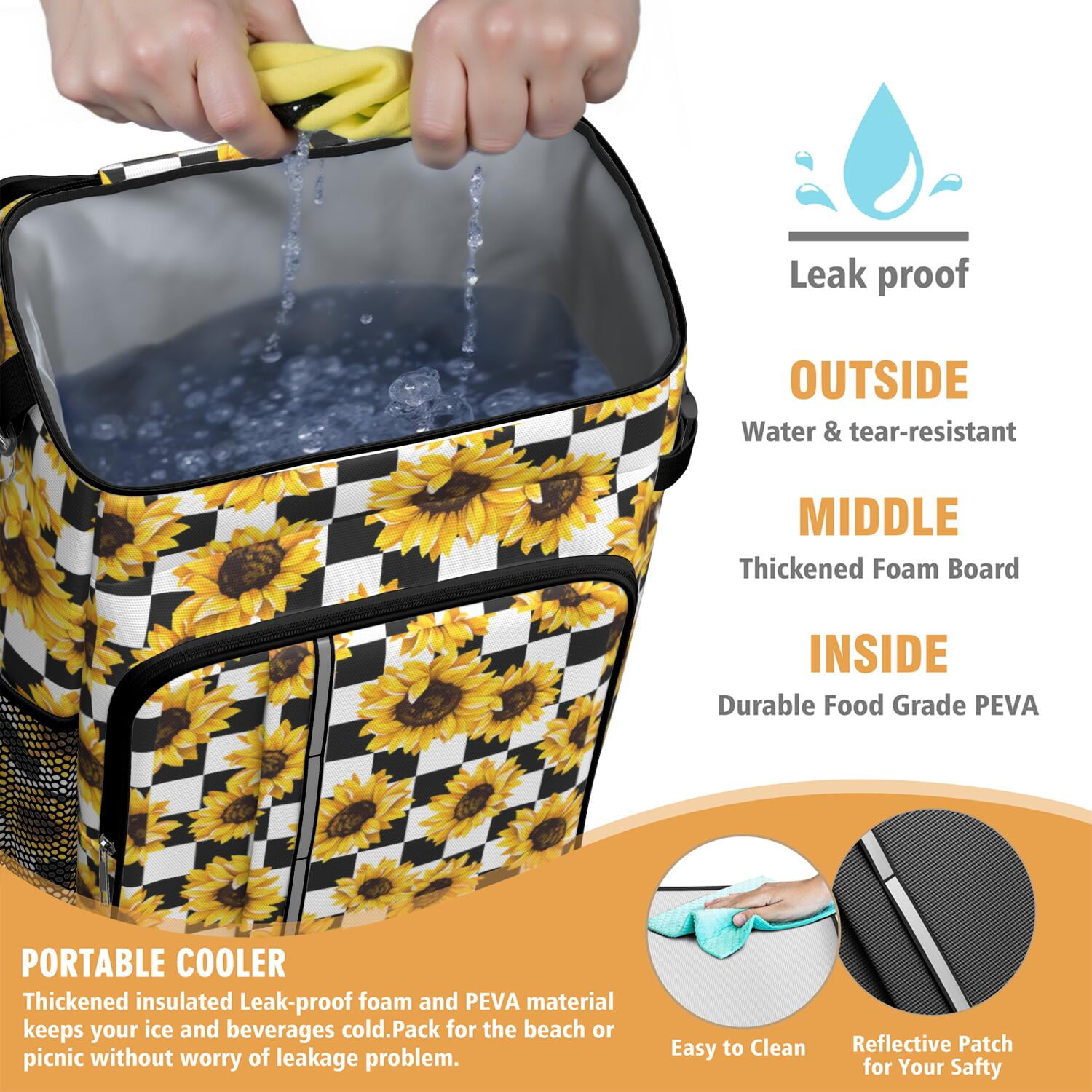 Travel Cooler Bag - Black and White CheckeSunflower Camping Beer Cooler Backpack with Bottle Opener- Waterproof Insulated Picnic Backpacks - Cooler Bag for Beach