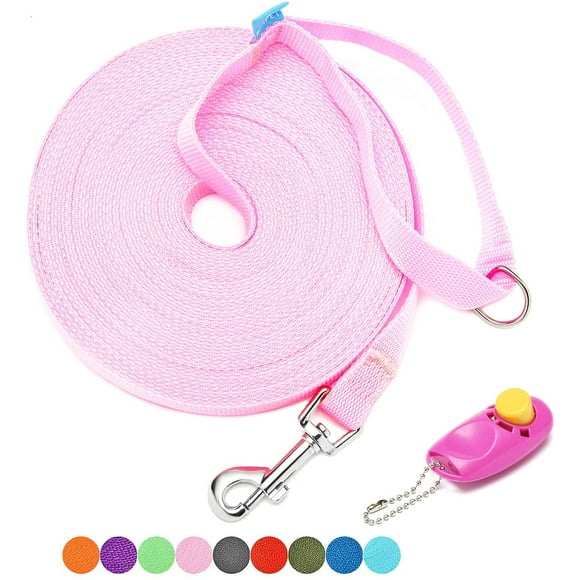 shiyou-15 ft, 20 ft, 30 ft, 50 ft, 100 ft Long Leash for Dog Cat Training, Play, Camping, or Backyard Lead with Free Training Clickers for Small, Medium and Large Dogs or Cats (20 Feet, Pink)