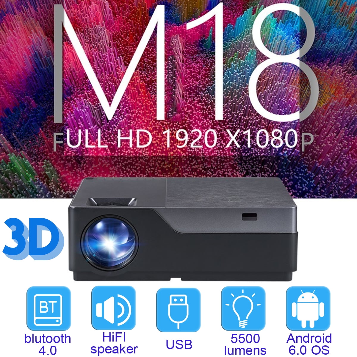 Android 5500 Lumens Projector WiFi 4K 3D Bluetooth 8G 1080P HD LED Home Theater 