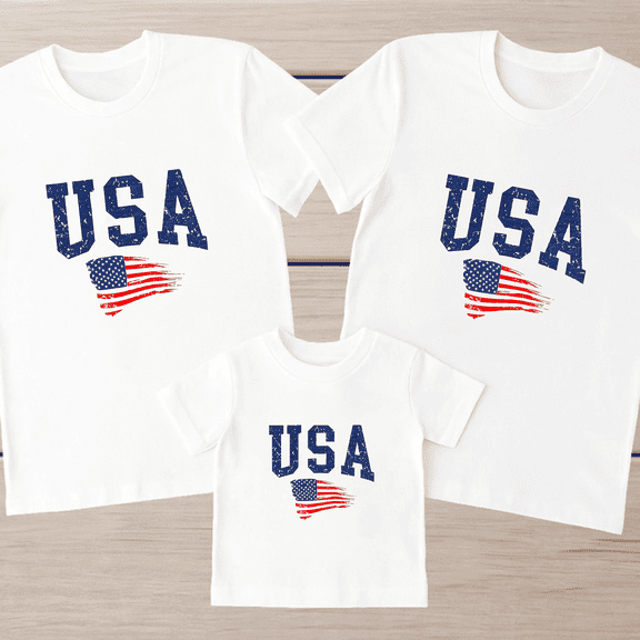 Family Matching Outfits Vintage USA Letter Color Distressed Flag Print Crew Neck Short Sleeve Casual Tee