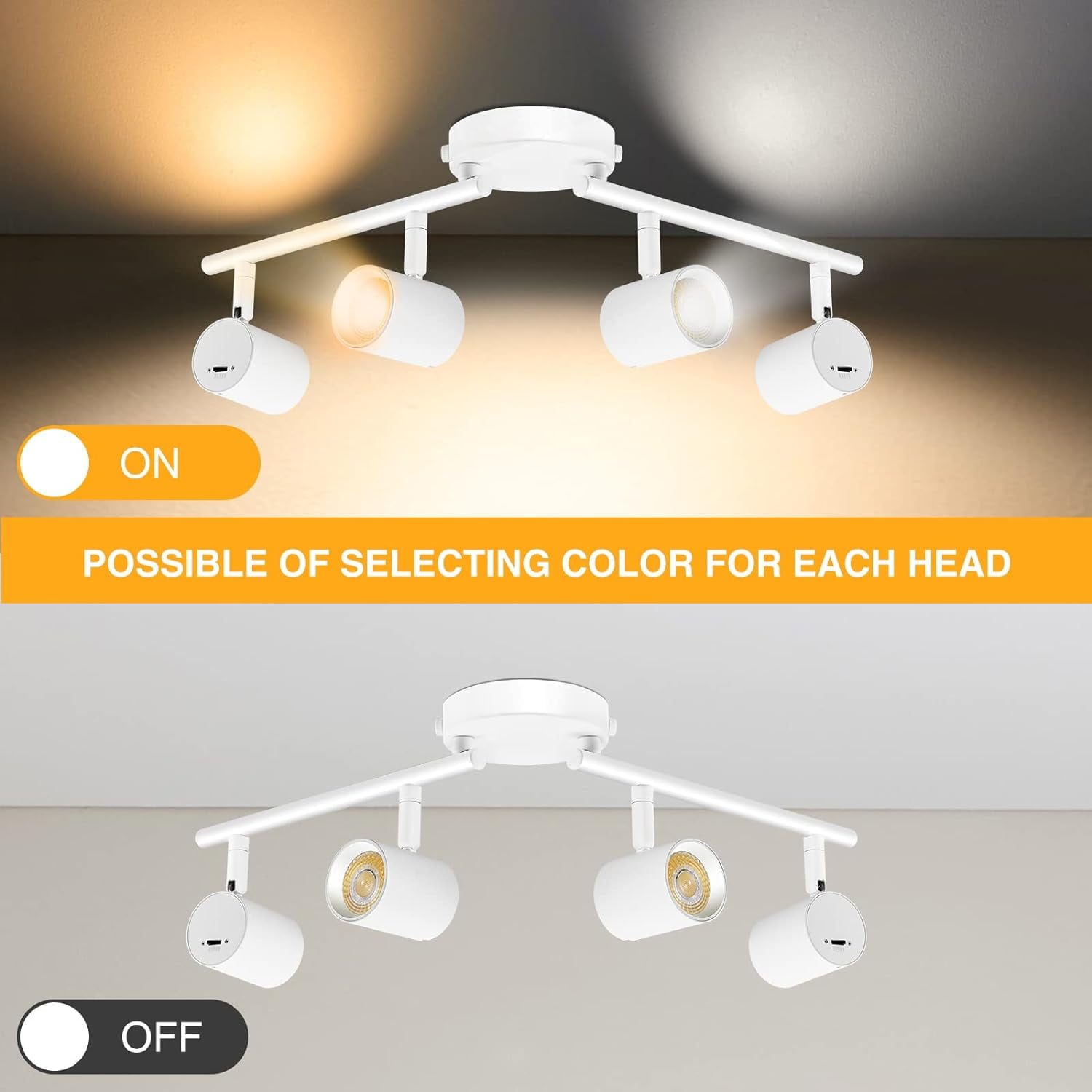 VANoopee 5-Color 4 Light LED Track Lighting Fixtures Ceiling for Kitchen, Dimmable Track Lighting Kit, Ceiling Spotlight Flush Mount Adjustable Directional Spot Lights Indoor, White CRI90 2400lm 30W