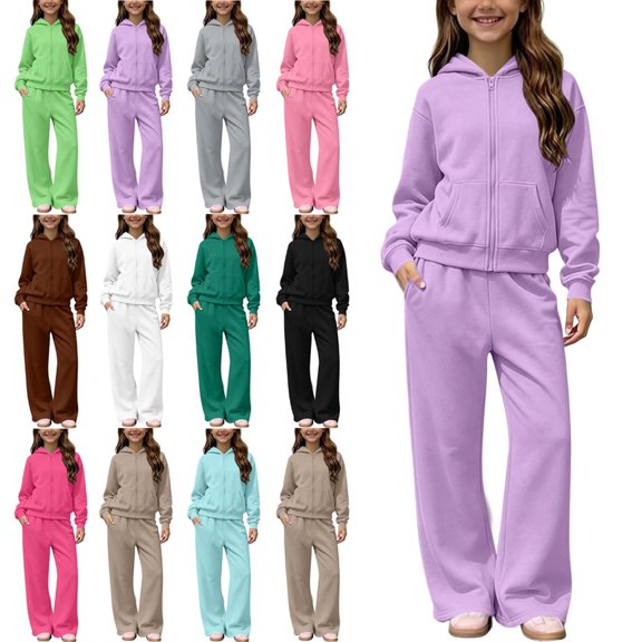 Piuwrlz Kids 2-Piece Hoodies Outfits Sets,Girls Zipper Cotton Sweatshirt Pants Fashion Set Purple Size 7-8 Years