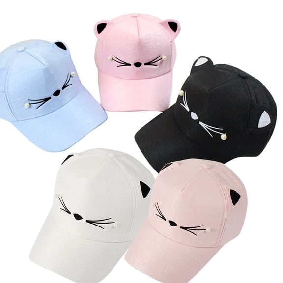 MKKAS Cute Cat Ears Baseball Hat for Girls, Pearl Bow Student Fashion Cap, Adorable Animal Style Sun Hat, Hats for Kids Girls, Aesthetic Ball Caps, Light Blue, 23*17*1