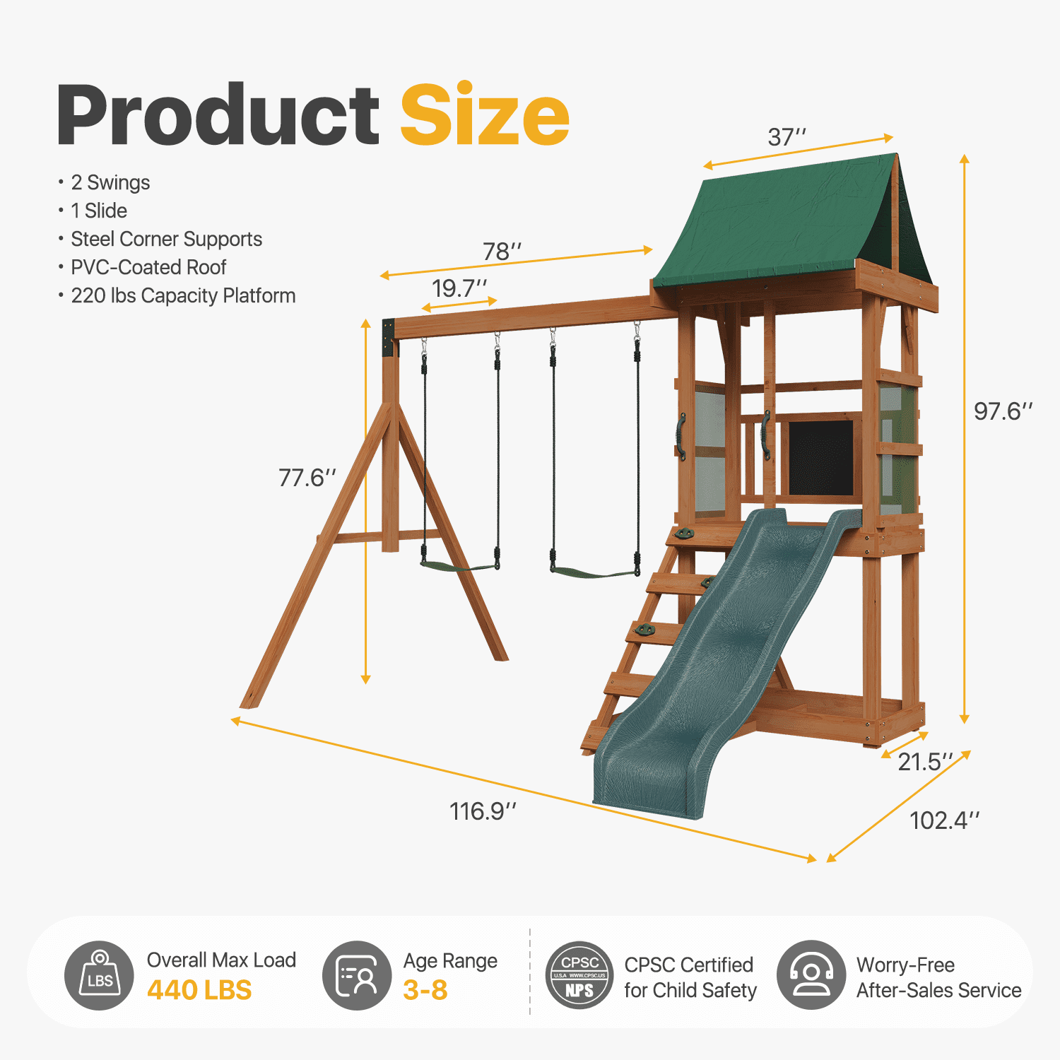 BaPiPro Wooden Backyard Swing Set，Outdoor Playground for Kids with Slide, Play Deck, Rock Wall Ladder, Belt Swings & Chalkboard