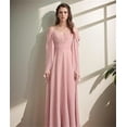 thumbnail image 4 of Vestidos de dama de honor de gasa con cuello en V y tirantes finos personalizados, vestidos formales de dama de honor fruncidos con hombros descubiertos y mangas, 4 of 5