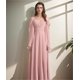 thumbnail image 4 of Vestidos de dama de honor de gasa con cuello en V y tirantes finos personalizados, vestidos formales de dama de honor fruncidos con hombros descubiertos y mangas, 4 of 5