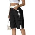 thumbnail image 2 of Womens Long Cargo Shorts Knee Length Elastic Waist Side Stripes Trendy Streetwear Summer Casual Utility Shorts Black M, 2 of 6