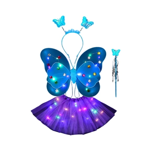 LED Children Costume Prop for Halloween Christmas Fairy Princess Kids Costume Sets Butterfly Wings Wand Headband Tutu Skirt New Year Gifts for 3 4 5 6 7 8 Years Old Girls