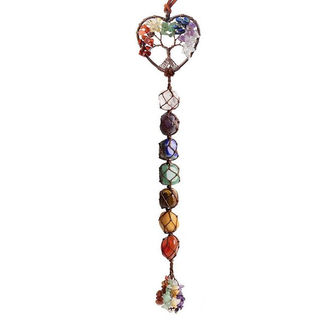 Decoración de pared de 7 chakras, adorno de cristal curativo, árbol de la vida del corazón, adorno de piedra curativa de cristal de chakra, dados