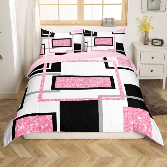 Erosebridal Pink Rectangle Comforter Cover Queen, Abstract Geometry Bedding Queen Size, Sequin Print Decor, Reversible 3pcs