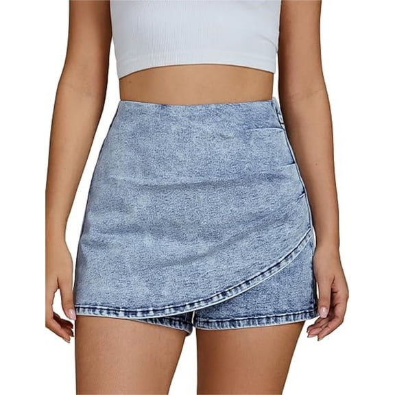 BUIGTTKLOP Jean Skirts for Women Trendy High Waisted Stretchy Denim Mini Skorts Asymmetrical Wrap Short Skirt with Pockets