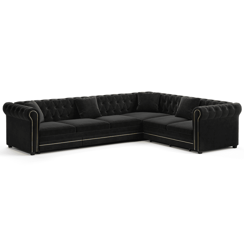115.3" L-Shaped Sleeper Sofa with Pull-Out Bed, Velvet Sectional Couch with Gold Trim Rolled Arms, Chesterfield Tufted Convertible Sofa Bed with Deep Seats and Throw Pillows for Living Room