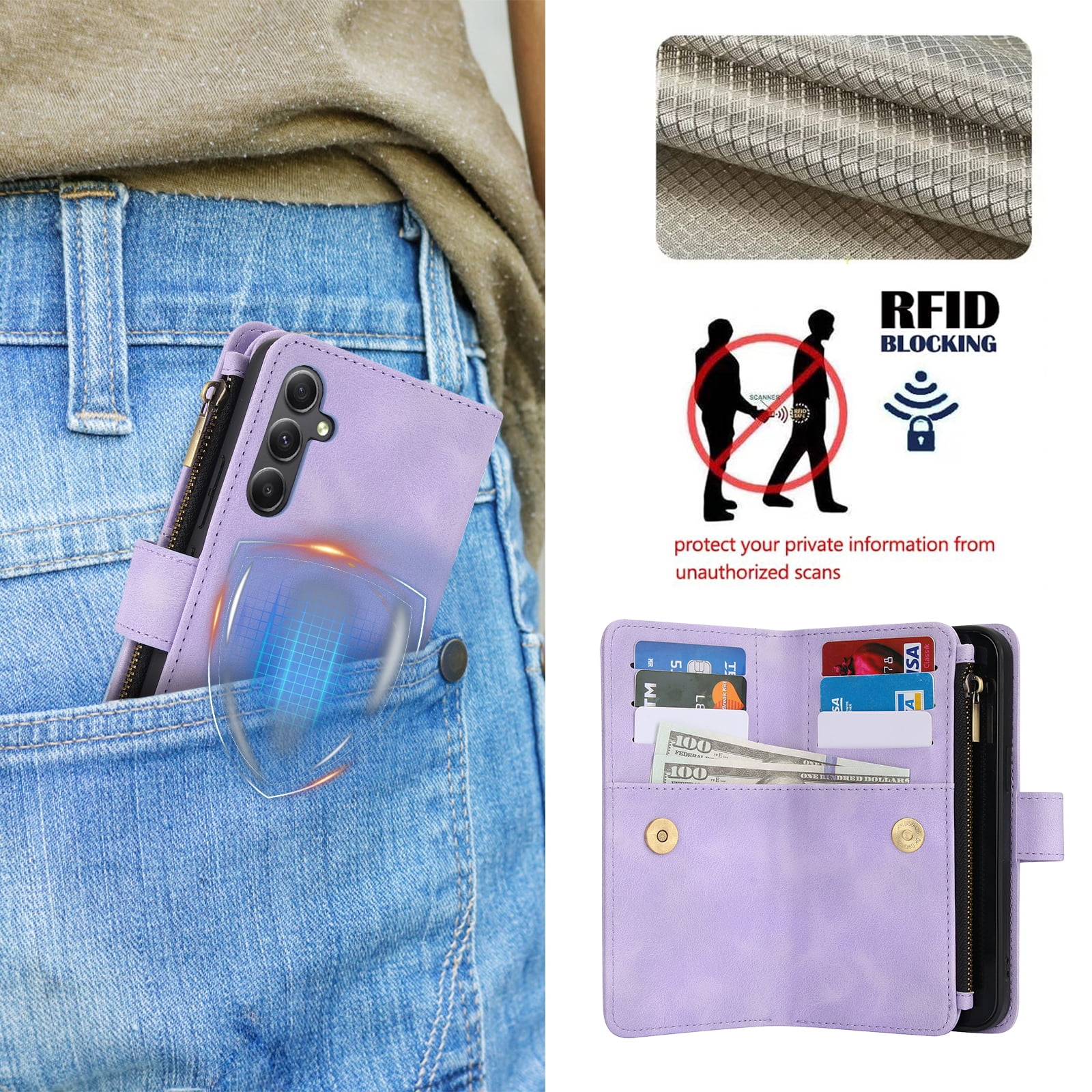 for Samsung Galaxy S24 FE Wallet Case with Card Holder for Women Men, Phone Case RFID Blocking PU Leather Flip Shockproof Cover with Shoulder + Wrist Strap Zipper Credit Card Slots Stand, Purple