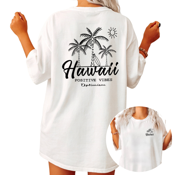 Hawaii Positive Vibes Palm Tree Graphic Tees Womans Oversized Tshirt Shirts White/Black S-5XL Tops
