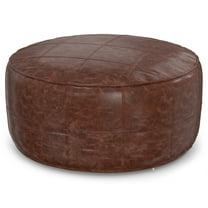 Simpli Home Connor Boho Round 34 inch Round Coffee Table Pouf in Distressed Brown Genuine Leather