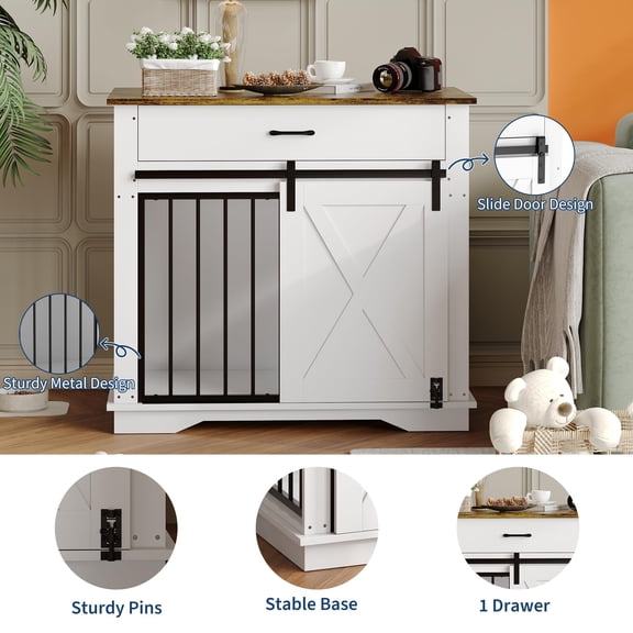 Acekid Dog Crate Furniture with Sliding Barn Door, Farmhouse Wooden Kennel Side Table, Black